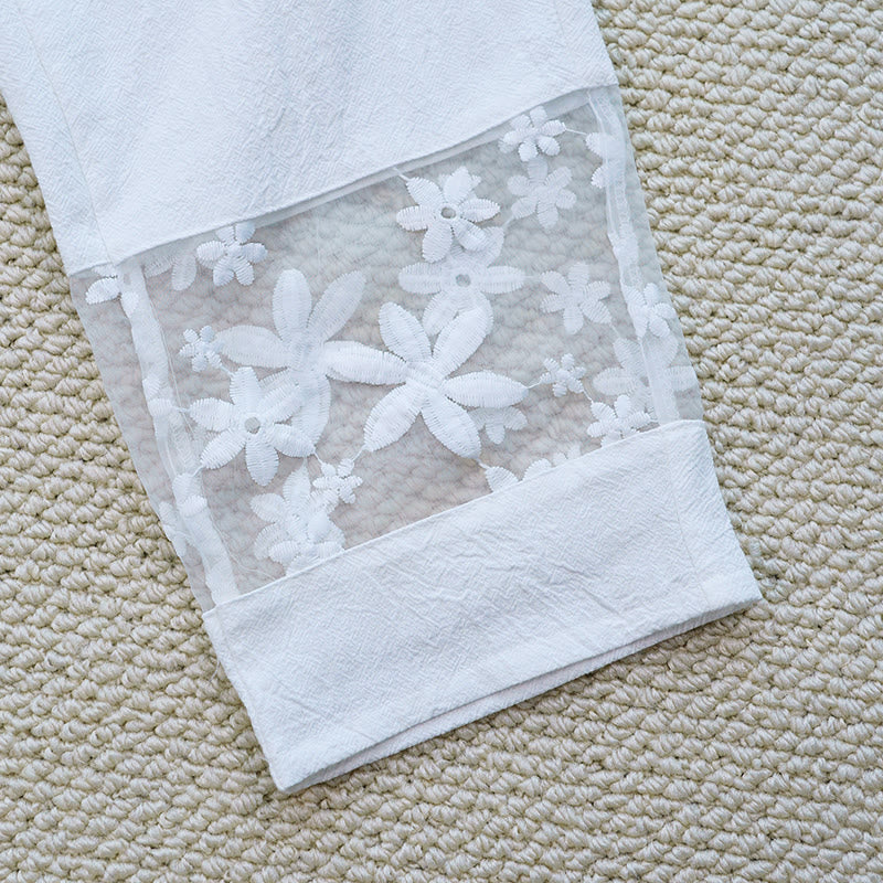 Pantalon femme en coton et lin avec poches, motif patchwork en dentelle et motif floral blanc uni, motif Buddha Stones , été