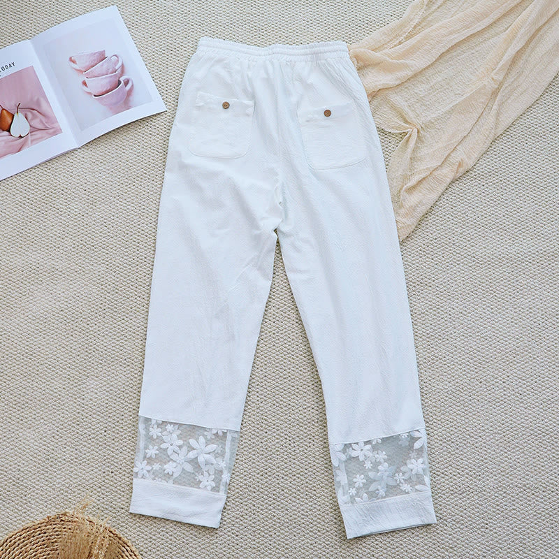 Pantalon femme en coton et lin avec poches, motif patchwork en dentelle et motif floral blanc uni, motif Buddha Stones , été