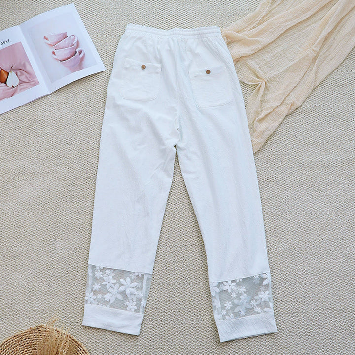 Pantalon femme en coton et lin avec poches, motif patchwork en dentelle et motif floral blanc uni, motif Buddha Stones , été