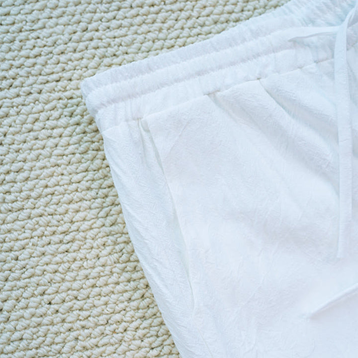 Pantalon femme en coton et lin avec poches, motif patchwork en dentelle et motif floral blanc uni, motif Buddha Stones , été - image 6