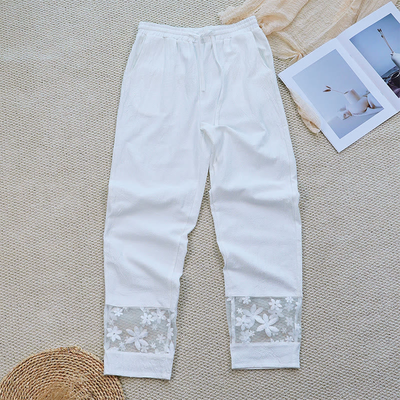 Pantalon femme en coton et lin avec poches, motif patchwork en dentelle et motif floral blanc uni, motif Buddha Stones , été