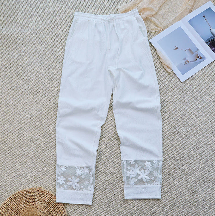 Pantalon femme en coton et lin avec poches, motif patchwork en dentelle et motif floral blanc uni, motif Buddha Stones , été