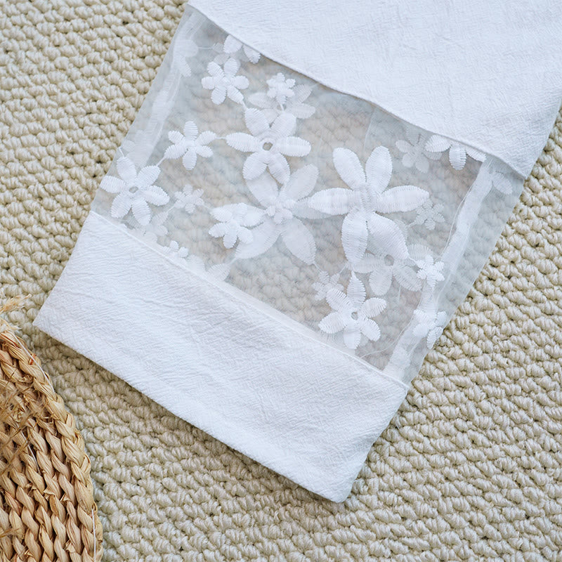 Pantalon femme en coton et lin avec poches, motif patchwork en dentelle et motif floral blanc uni, motif Buddha Stones , été - image 10