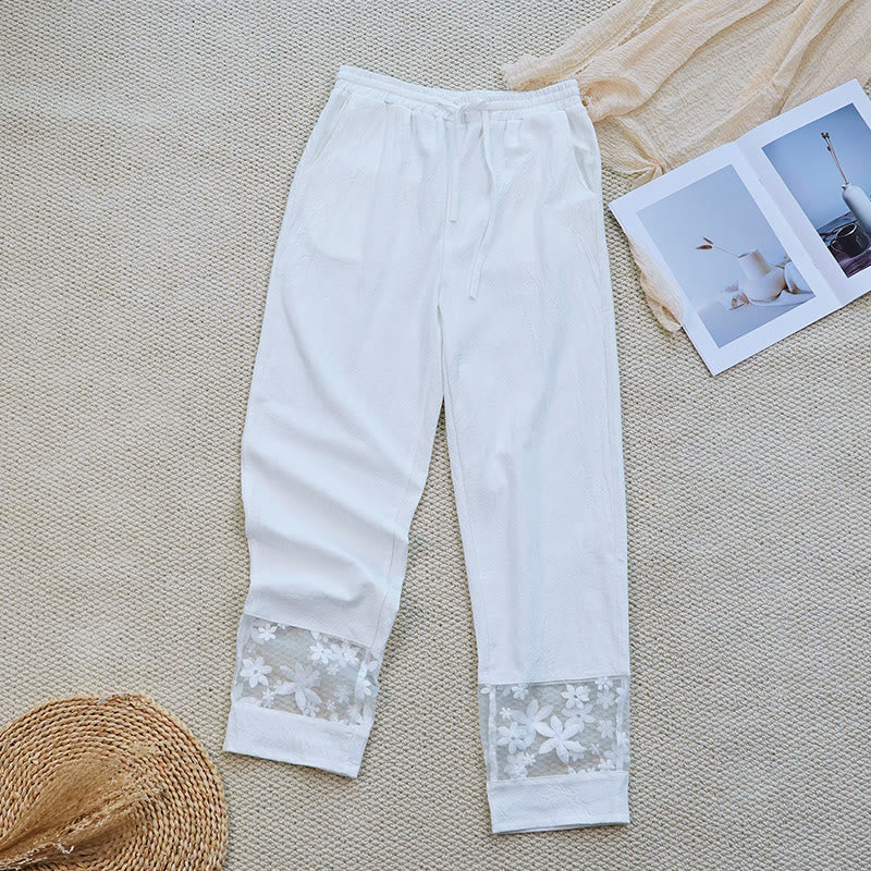 Pantalon femme en coton et lin avec poches, motif patchwork en dentelle et motif floral blanc uni, motif Buddha Stones , été - image 1