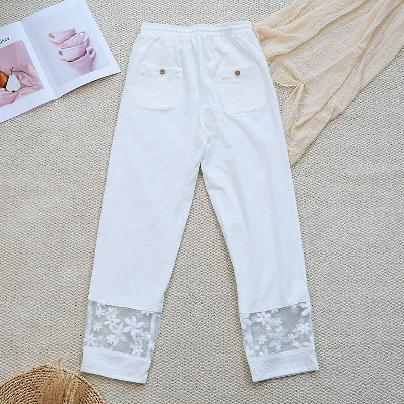 Pantalon femme en coton et lin avec poches, motif patchwork en dentelle et motif floral blanc uni, motif Buddha Stones , été - image 2