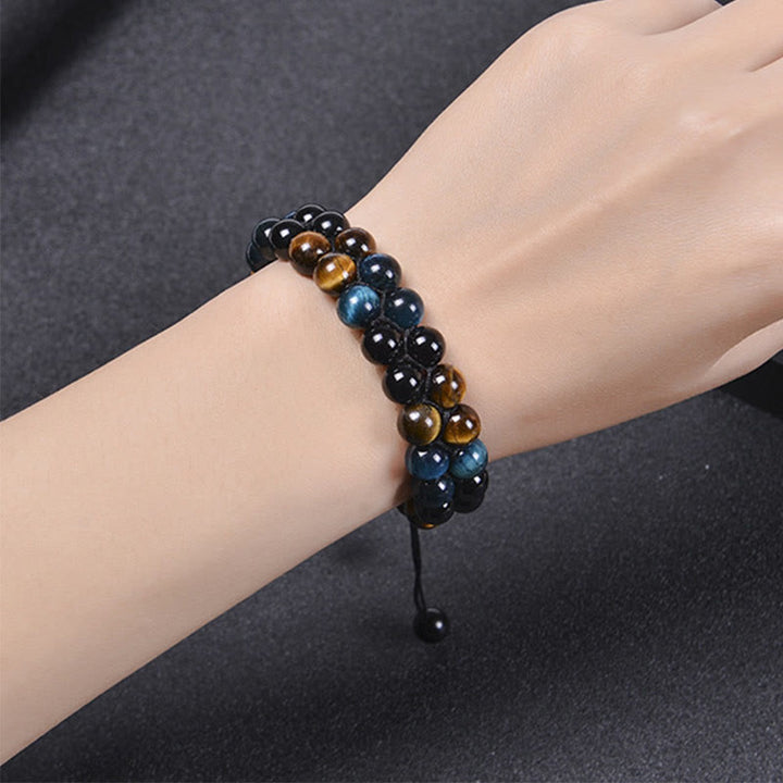 Bracelet de force à double rangée de Buddha Stones en œil de tigre bleu naturel et magnétite noire, motif Om