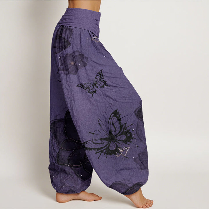 Pantalon harem à taille élastique pour femme, en coton avec motif de fleurs et papillons et Buddha Stones - image 2