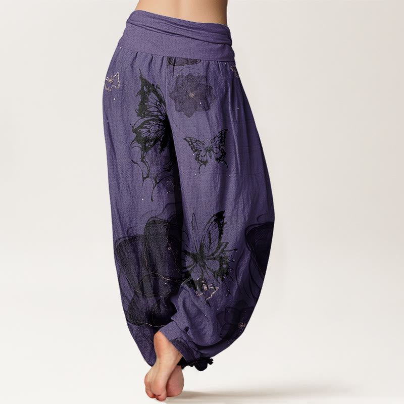 Pantalon harem à taille élastique pour femme, en coton avec motif de fleurs et papillons et Buddha Stones - image 1