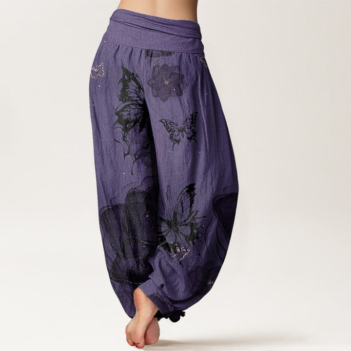 Pantalon harem à taille élastique pour femme, en coton avec motif de fleurs et papillons et Buddha Stones - image 1