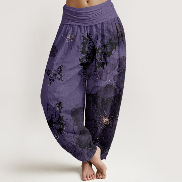 Pantalon harem à taille élastique pour femme, en coton avec motif de fleurs et papillons et Buddha Stones - Violette sombre - US22，UK/AU26，EU54 (6XL) - image 0