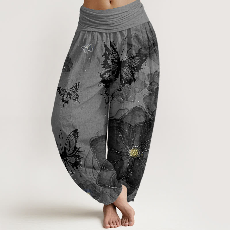 Pantalon harem à taille élastique pour femme, en coton avec motif de fleurs et papillons et Buddha Stones - Gris - US22，UK/AU26，EU54 (6XL) - image 4