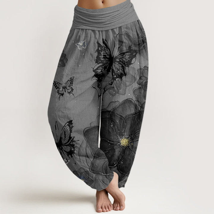 Pantalon harem à taille élastique pour femme, en coton avec motif de fleurs et papillons et Buddha Stones - Gris - US22，UK/AU26，EU54 (6XL) - image 4