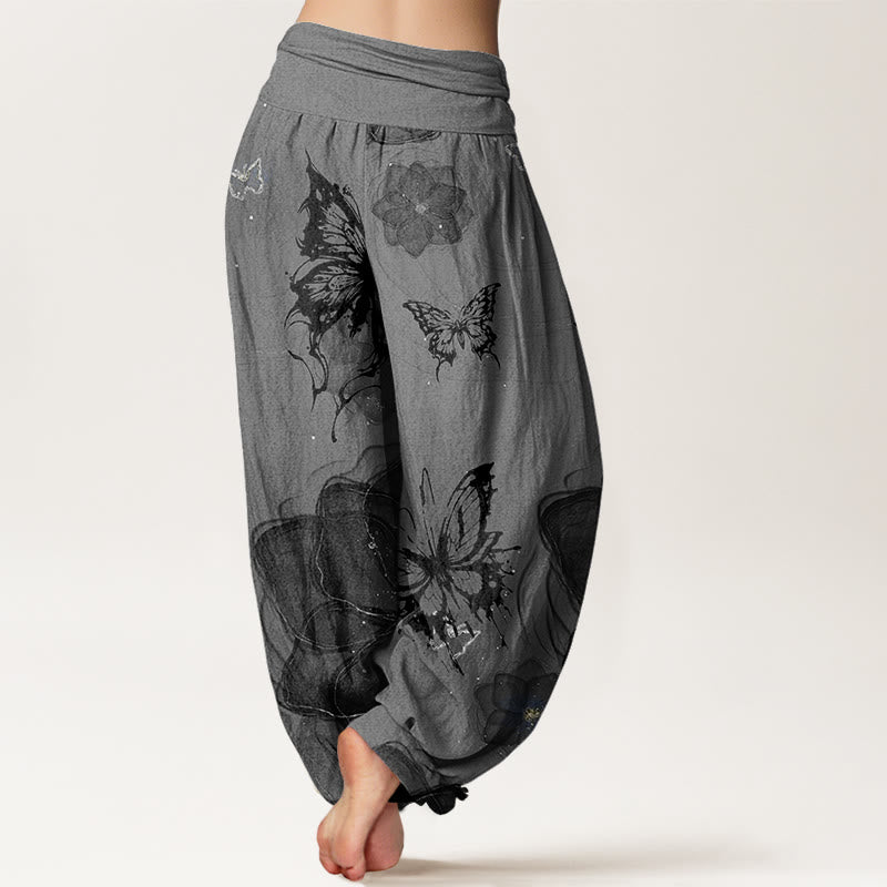 Pantalon harem à taille élastique pour femme, en coton avec motif de fleurs et papillons et Buddha Stones - image 5