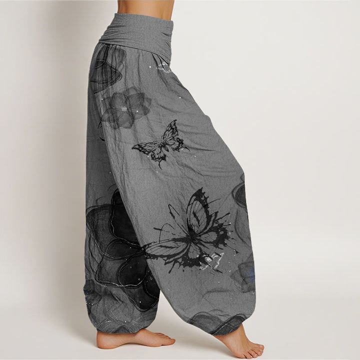 Pantalon harem à taille élastique pour femme, en coton avec motif de fleurs et papillons et Buddha Stones - image 6