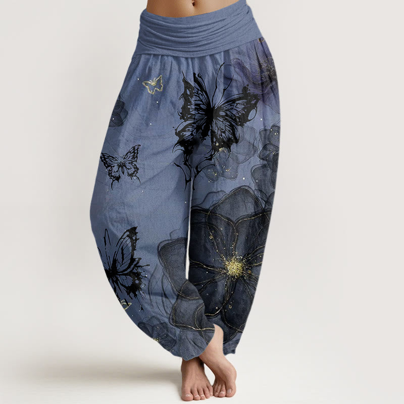 Pantalon harem à taille élastique pour femme, en coton avec motif de fleurs et papillons et Buddha Stones - Bleuet - US22，UK/AU26，EU54 (6XL) - image 7