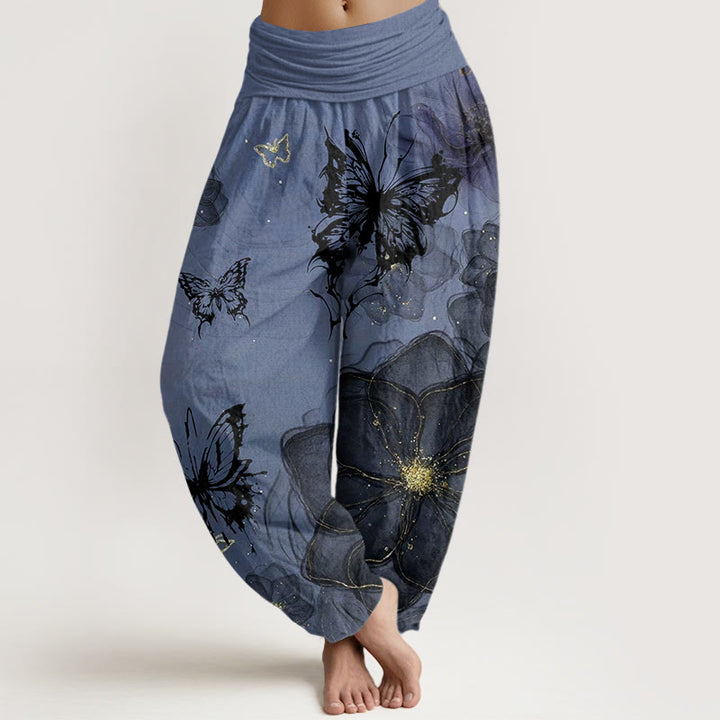 Pantalon harem à taille élastique pour femme, en coton avec motif de fleurs et papillons et Buddha Stones - Bleuet - US22，UK/AU26，EU54 (6XL) - image 7