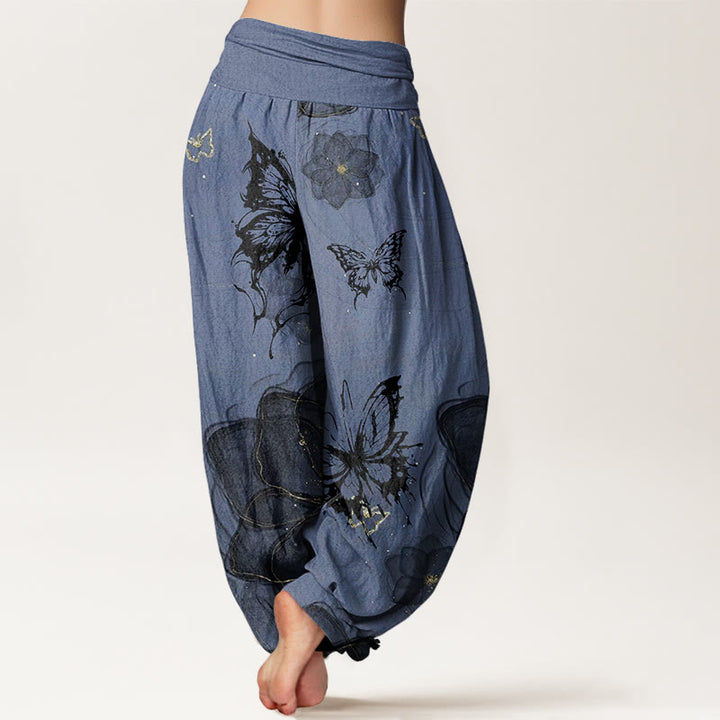 Pantalon harem à taille élastique pour femme, en coton avec motif de fleurs et papillons et Buddha Stones - image 8