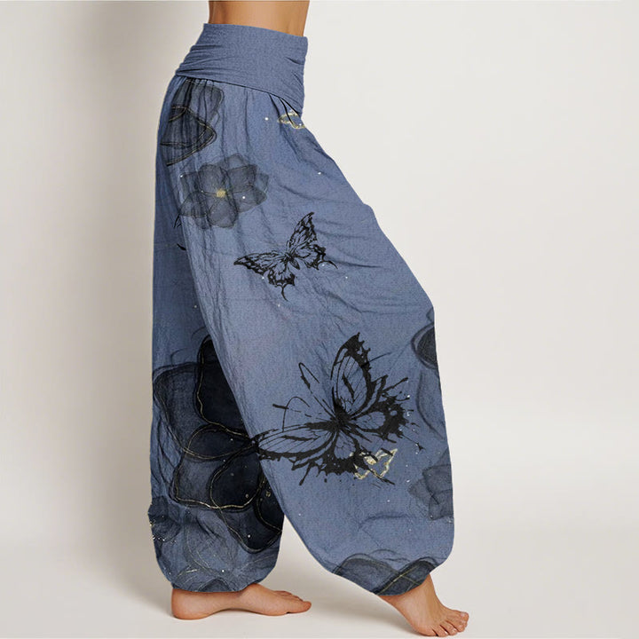 Pantalon harem à taille élastique pour femme, en coton avec motif de fleurs et papillons et Buddha Stones - image 9
