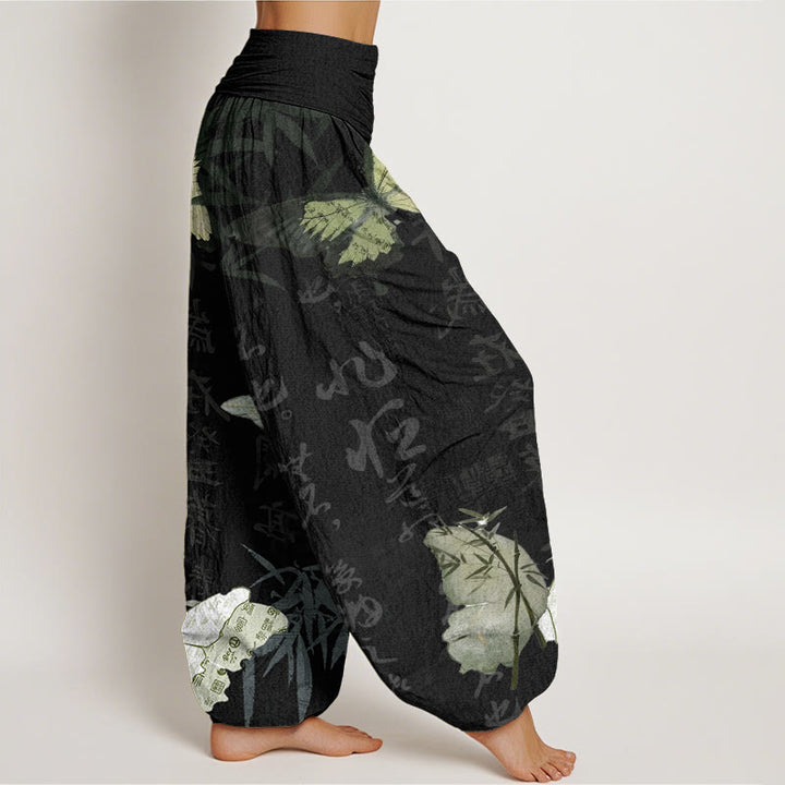 Pantalon harem à taille élastique pour femme , Buddha Stones en coton et feuilles de bambou, avec caractères chinois - image 2