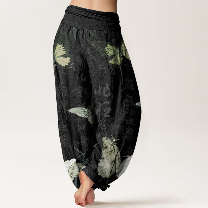 Pantalon sarouel à taille élastique pour femme, motif de Buddha Stones, papillons, feuilles de bambou et caractères chinois - image 1