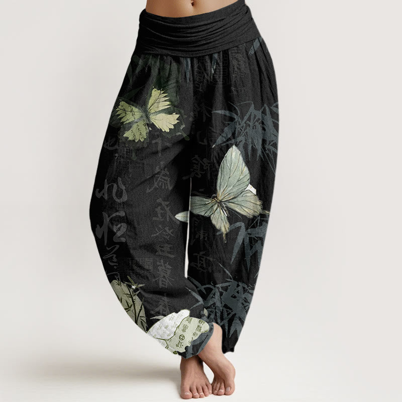 Pantalon sarouel à taille élastique pour femme, motif de Buddha Stones, papillons, feuilles de bambou et caractères chinois - Noir - US22，UK/AU26，EU54 (6XL) - image 1