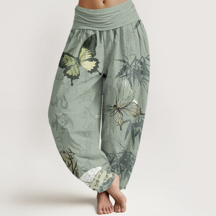 Pantalon sarouel à taille élastique pour femme, motif de Buddha Stones, papillons, feuilles de bambou et caractères chinois - Vert foncé - US22，UK/AU26，EU54 (6XL) - image 5