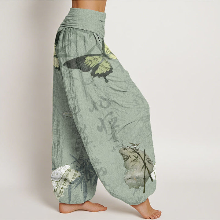 Pantalon sarouel à taille élastique pour femme, motif de Buddha Stones, papillons, feuilles de bambou et caractères chinois - image 6