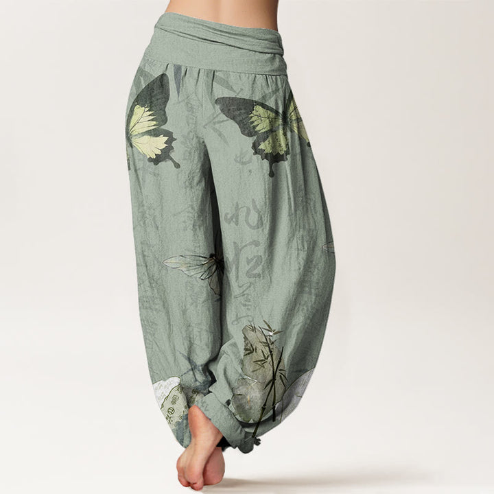 Pantalon harem à taille élastique pour femme , Buddha Stones en coton et feuilles de bambou, avec caractères chinois - image 5
