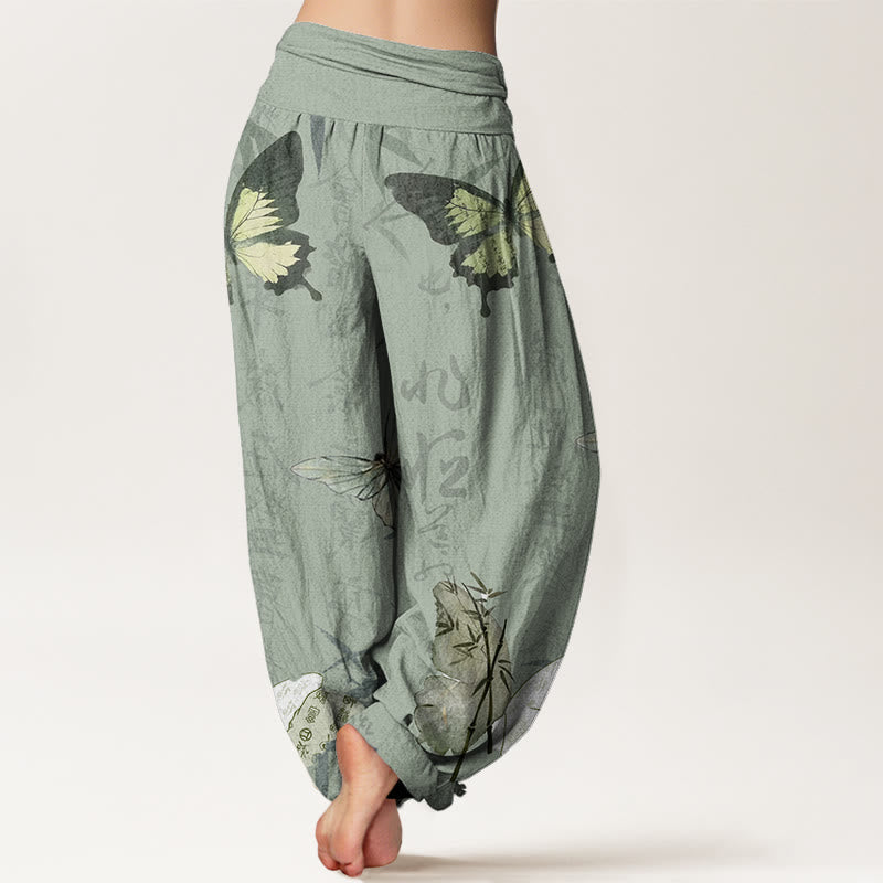Pantalon sarouel à taille élastique pour femme, motif de Buddha Stones, papillons, feuilles de bambou et caractères chinois - image 6