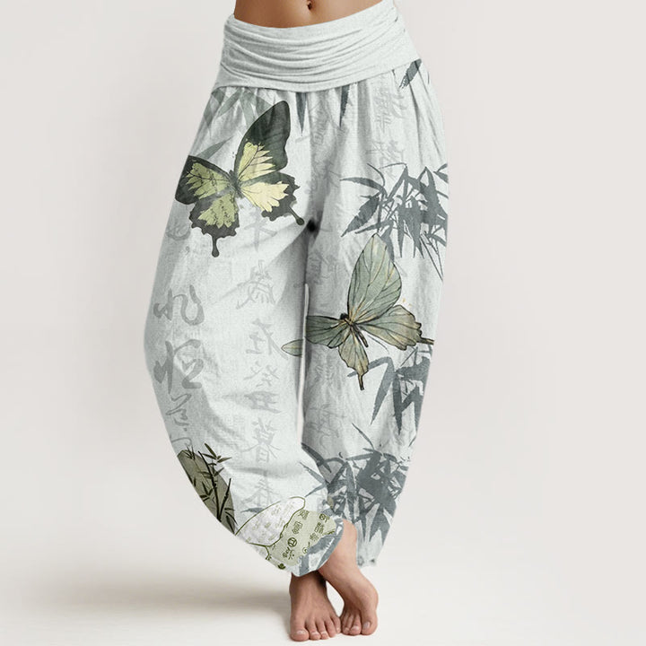 Pantalon sarouel à taille élastique pour femme, motif de Buddha Stones, papillons, feuilles de bambou et caractères chinois - Melon miellat - US22，UK/AU26，EU54 (6XL) - image 7