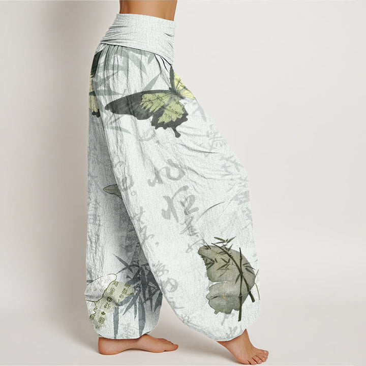 Pantalon sarouel à taille élastique pour femme, motif de Buddha Stones, papillons, feuilles de bambou et caractères chinois - image 10
