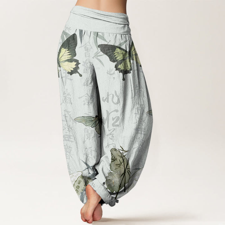 Pantalon sarouel à taille élastique pour femme, motif de Buddha Stones, papillons, feuilles de bambou et caractères chinois - image 9