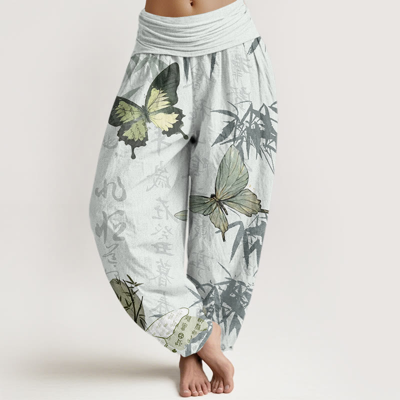 Pantalon sarouel à taille élastique pour femme, motif de Buddha Stones, papillons, feuilles de bambou et caractères chinois - miellat - US22，UK/AU26，EU54 (6XL) - image 8