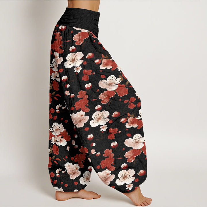 Pantalon sarouel taille élastique pour femme, motif fleurs de pêcher roses et rouges, Buddha Stones - image 3