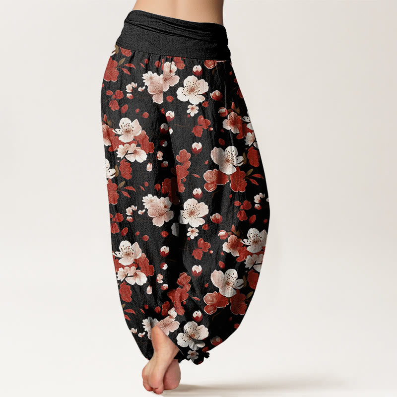 Pantalon harem à taille élastique pour femme, en coton rose et rouge, motif Buddha Stones et fleurs de pêcher - image 1
