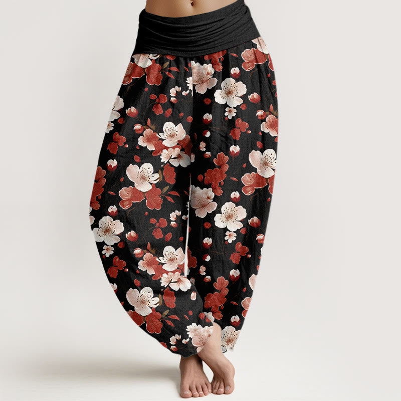 Pantalon harem à taille élastique pour femme, en coton rose et rouge, motif Buddha Stones et fleurs de pêcher - Noir - US22，UK/AU26，EU54 (6XL) - image 0
