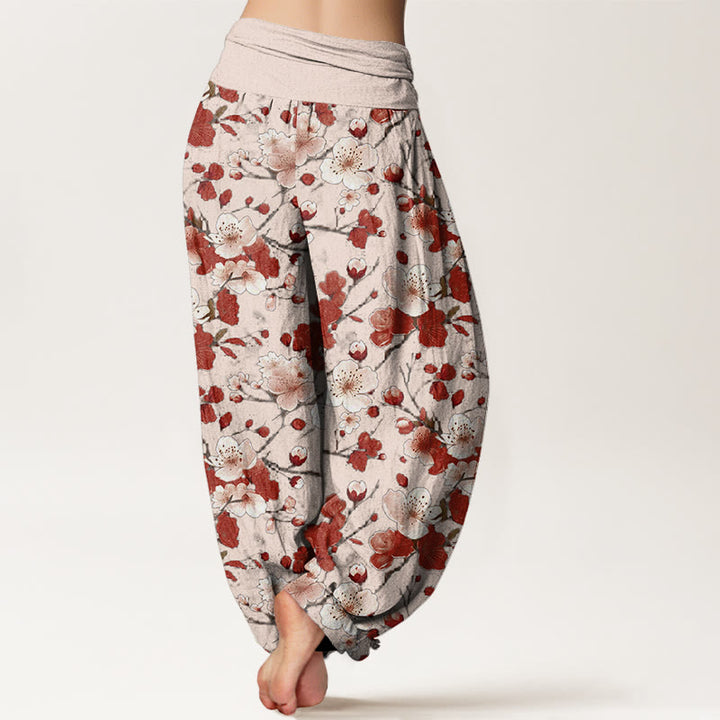 Pantalon harem à taille élastique pour femme, en coton rose et rouge, motif Buddha Stones et fleurs de pêcher - image 5