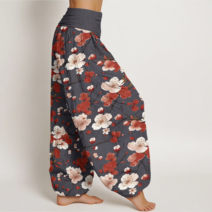 Pantalon harem à taille élastique pour femme, en coton rose et rouge, motif Buddha Stones et fleurs de pêcher - image 9