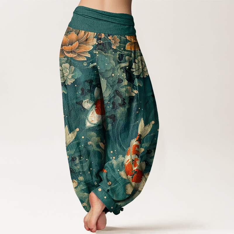 Pantalon sarouel à taille élastique pour femme, motif de fleurs de lotus, de poissons koï colorés et de Buddha Stones - image 1