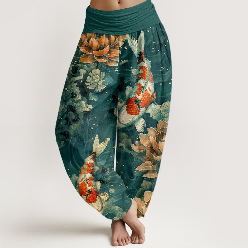 Pantalon sarouel à taille élastique pour femme, motif de fleurs de lotus, de poissons koï colorés et de Buddha Stones - Vert clair - US22，UK/AU26，EU54 (6XL) - image 0