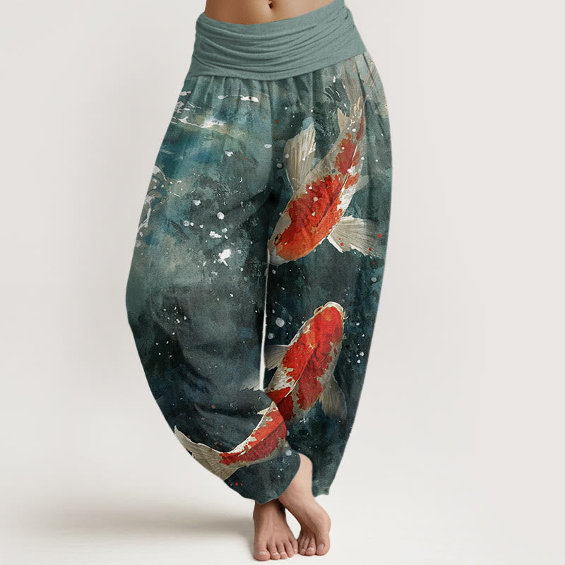 Pantalon sarouel à taille élastique pour femme, motif poisson koï coloré, Buddha Stones - Vert clair - US22，UK/AU26，EU54 (6XL) - image 1