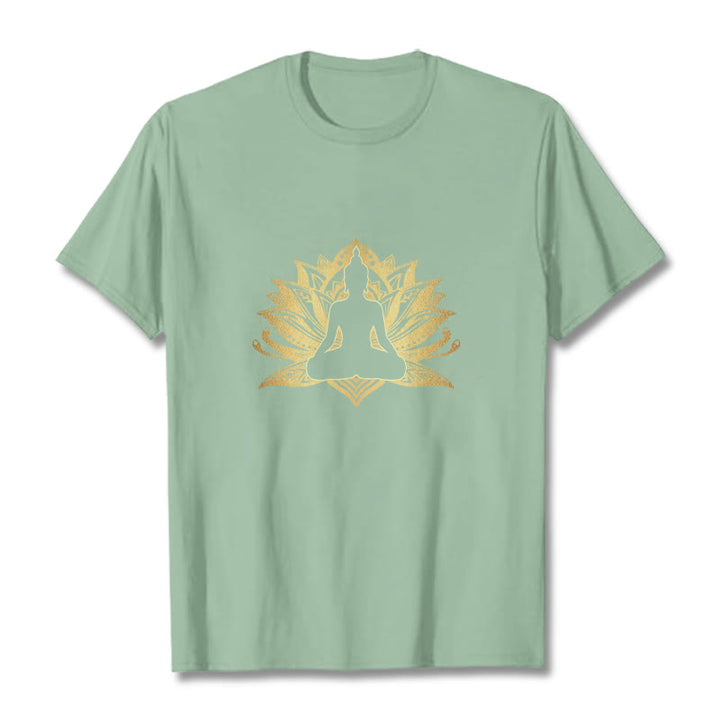 T- Buddha Stones Lotus Doré Méditation Bouddha T-shirt - Vert pâle - 2XL - image 14