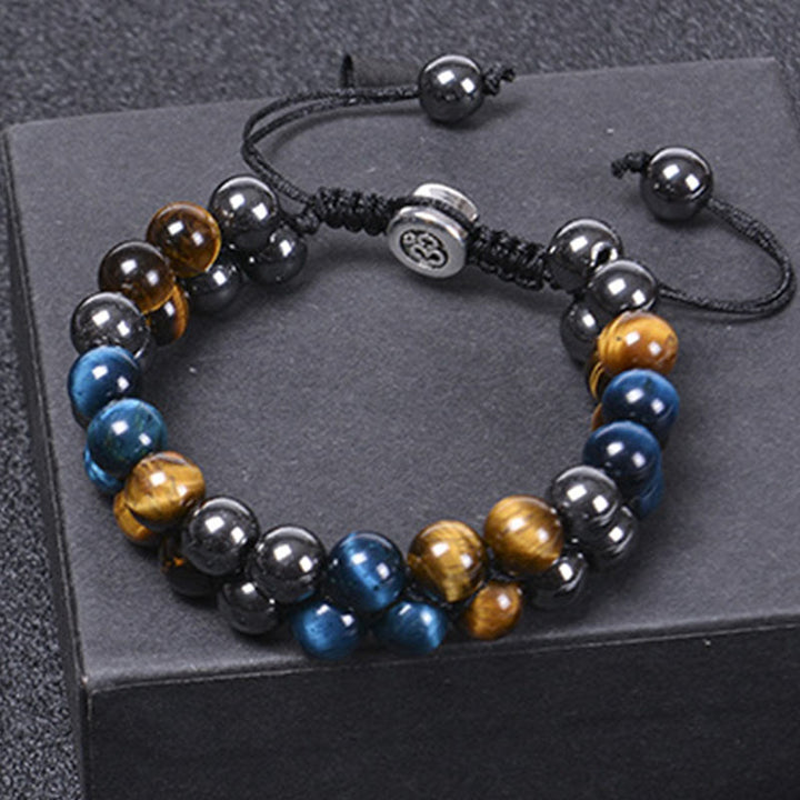 Bracelet de force à double rangée de Buddha Stones en œil de tigre bleu naturel et magnétite noire, motif Om