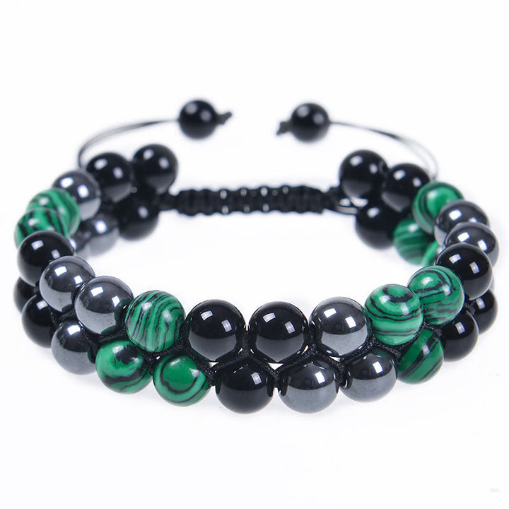 Bracelet anti-anxiété à double rangée de Buddha Stones en malachite naturelle et magnétite noire et obsidienne noire