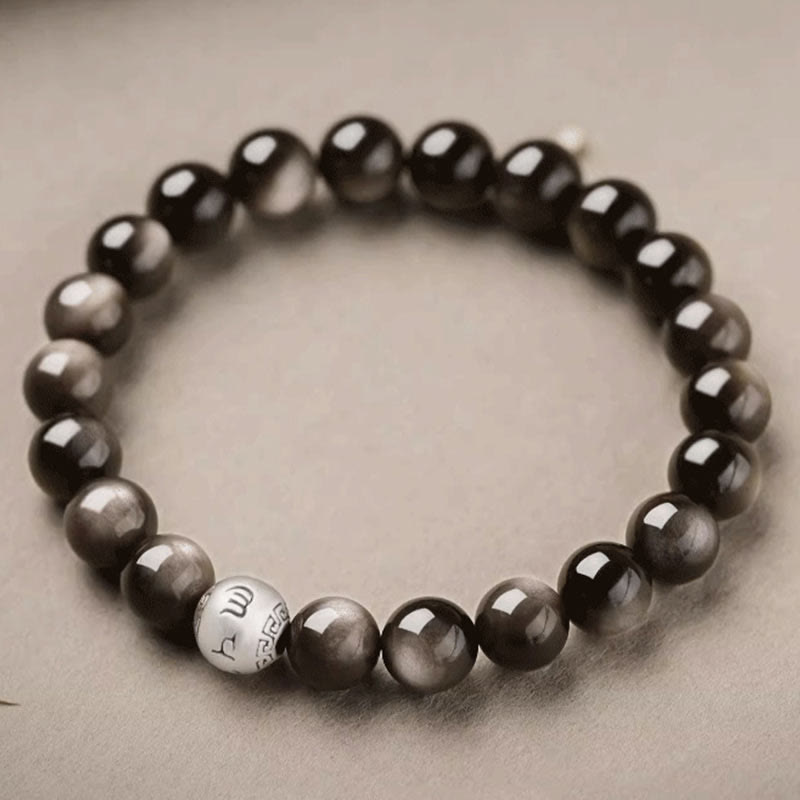Bracelet de protection Om Mani Padme Hum en obsidienne naturelle Buddha Stones et brillante