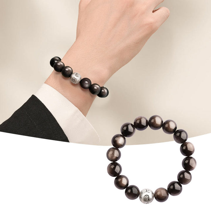 Bracelet de protection Om Mani Padme Hum en obsidienne naturelle Buddha Stones et brillante