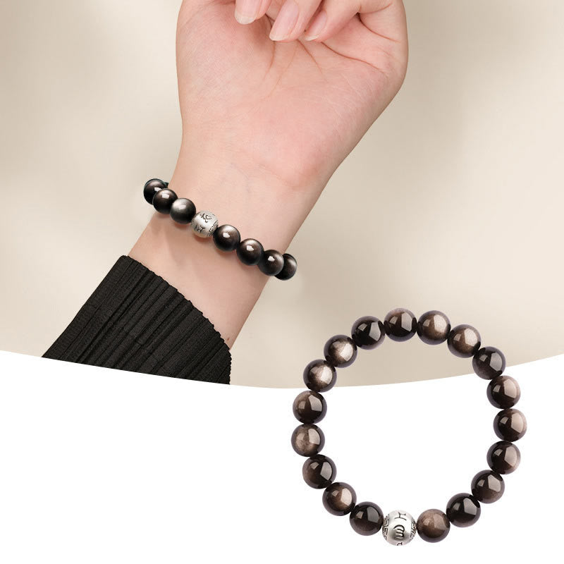 Bracelet de protection Om Mani Padme Hum en obsidienne naturelle Buddha Stones et brillante