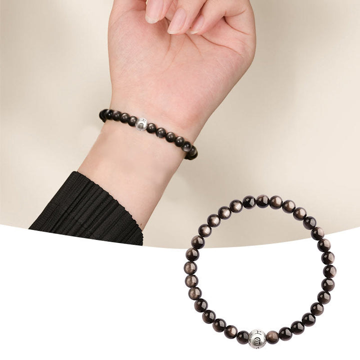 Bracelet de protection Om Mani Padme Hum en obsidienne naturelle Buddha Stones et brillante