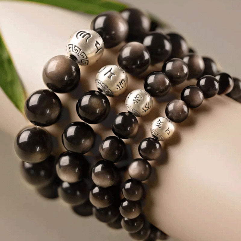 Bracelet de protection Om Mani Padme Hum en obsidienne naturelle Buddha Stones et brillante