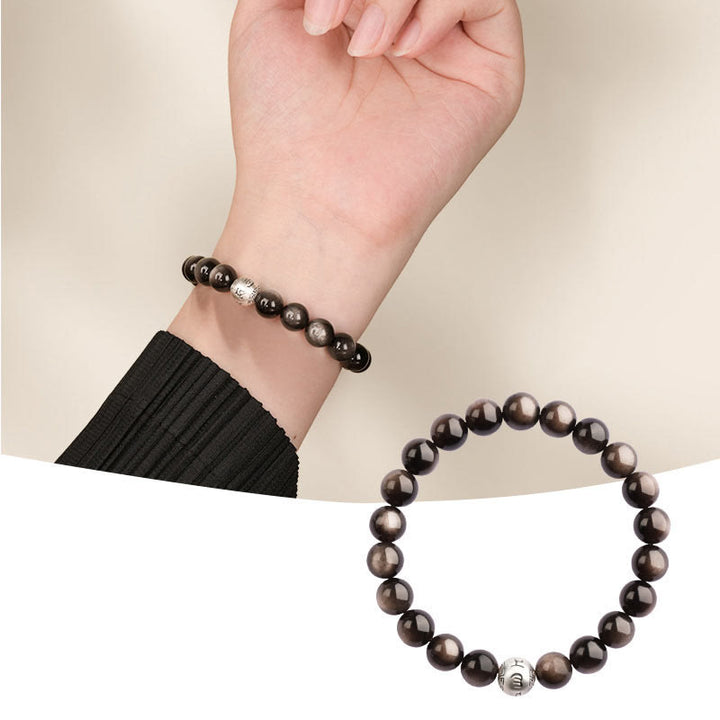 Bracelet de protection Om Mani Padme Hum en obsidienne naturelle Buddha Stones et brillante